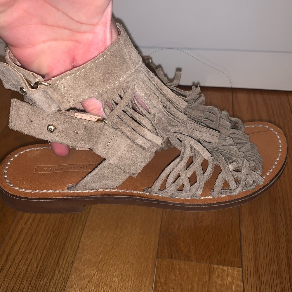 Zara Suede Fringe Taupe Sandals. Size 36